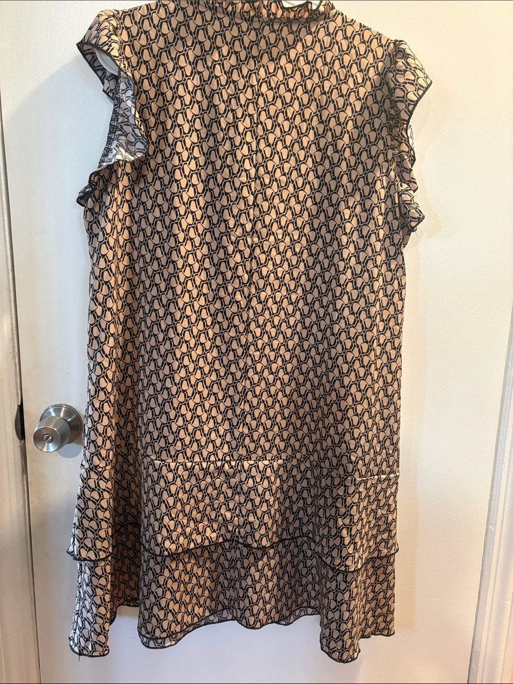 Beige Black Geometric Print Ruffle Neck Shift Dress - Picture 2 of 3